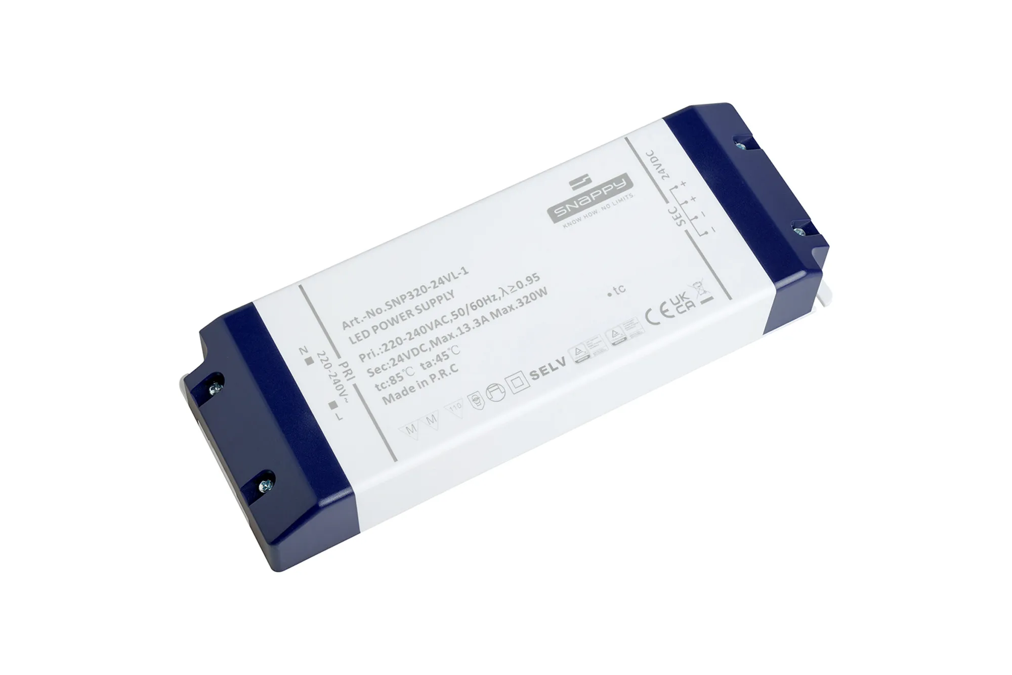 SNP320-24VL-1  SNP, 320W, Constant Voltage Non Dimmable PC LED Driver,24VDC, 13.3A, Pf>0.95, TC:+85°, TA:45°, IP20, Effi>85%, Screw Connection, 5yrs Warranty.